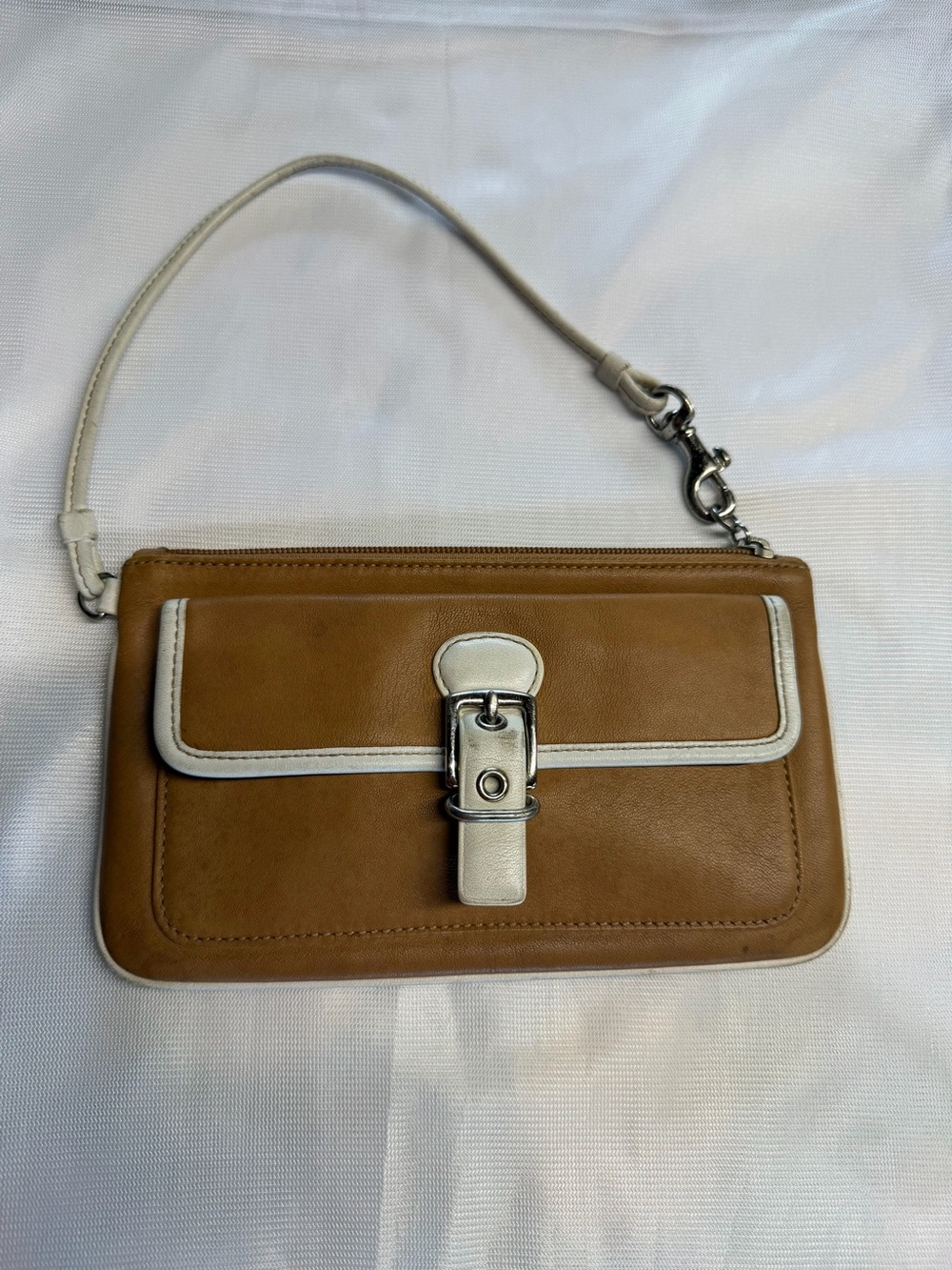 Coach Vintage Y2K Tan Leather & White Trim Wristlet with Signature C Lining